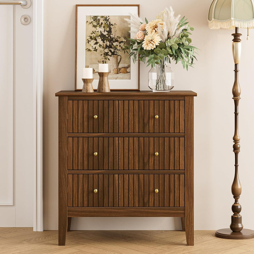 Night Stand, Fluted 3 Drawer Wide Farmhouse Nightstand with Gold Handle, Larger Wider Modern Bedside End Table