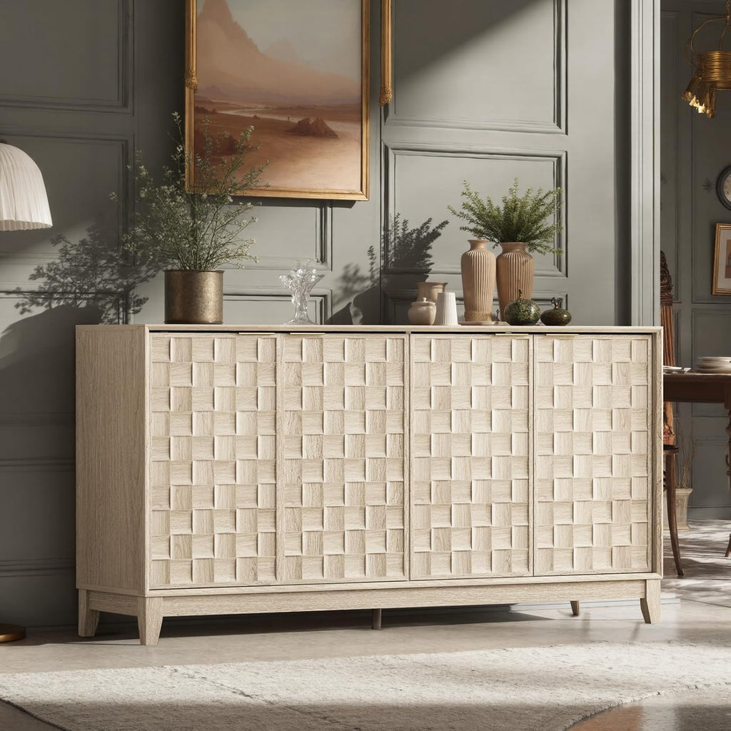 Fluted Sideboard Cabinet with Storage - Solid Wood Buffet for Dining Room, Credenza Console with Adjustable Shelves