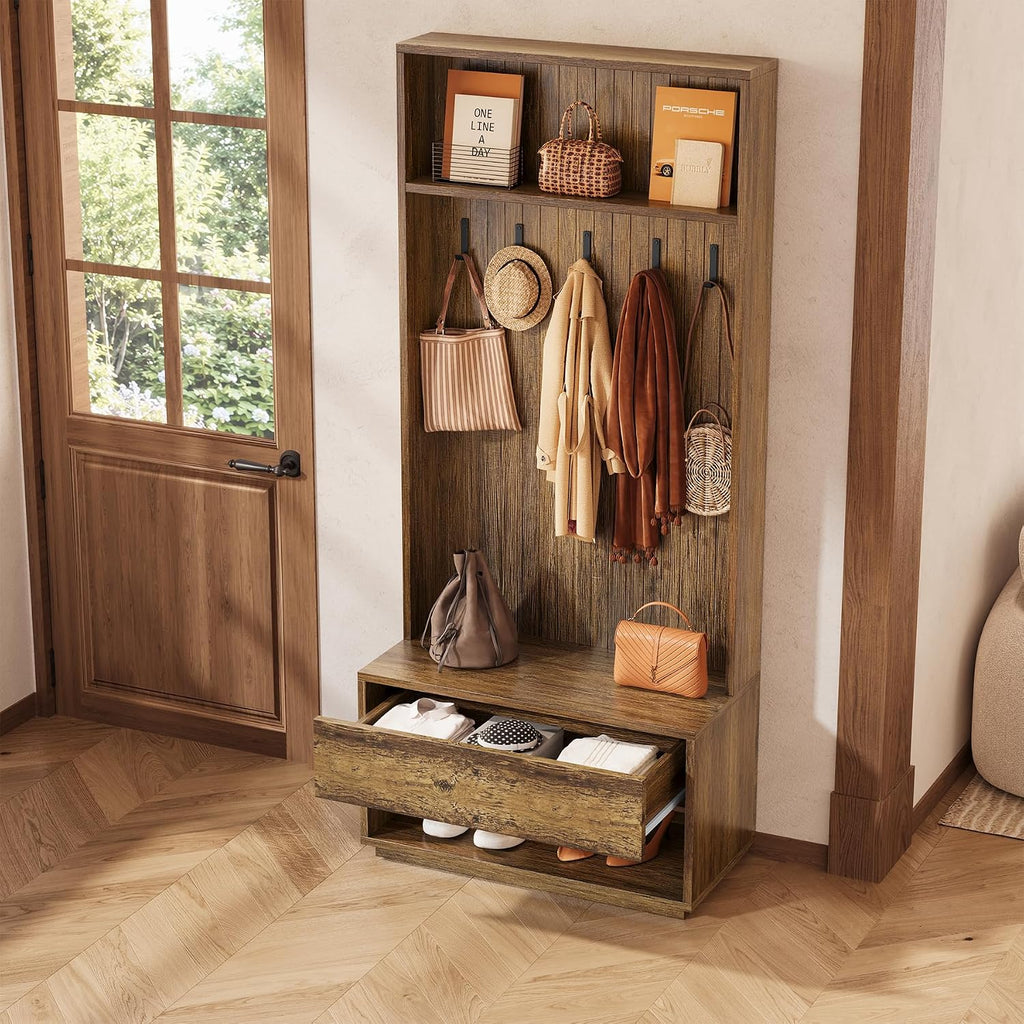 Hall Tree with Bench and Shoe Storage, Entryway Coat Rack with Shoe Bench and Drawer, 5 Hooks, Freestanding Hall Tree