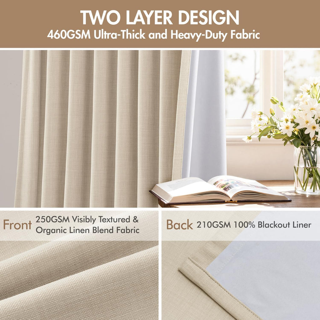 Pinch Pleated 100% Blackout Curtains 4 Panel Set for Bedroom Thick Linen Memory Trained Pleat Living