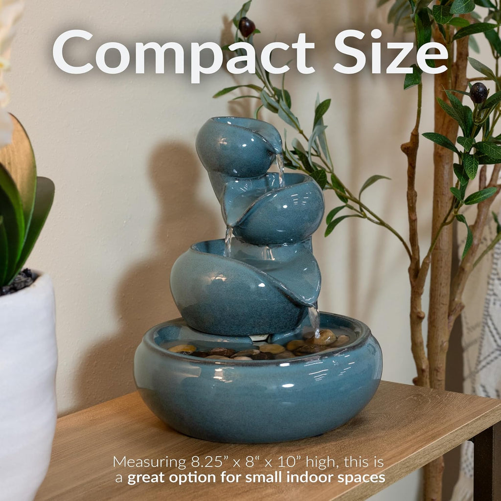 Tiered Vessels Ceramic Tabletop Water Fountain - Relaxing Indoor Fountain - Teal