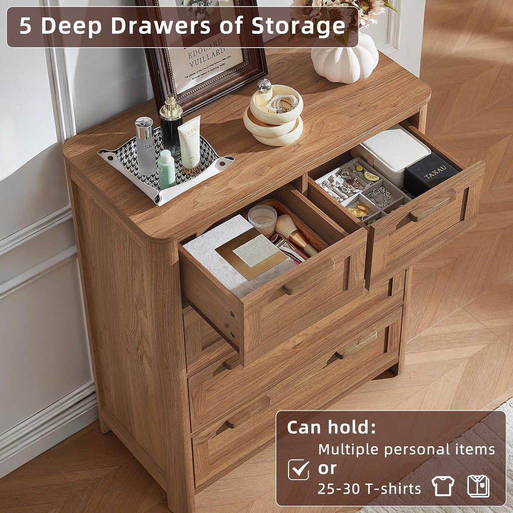Farmhouse 5 Drawer Dresser , Brown | Vertical Dressers Chest of Drawers with 5 Deep Drawers & 4 Thickened Table Legs