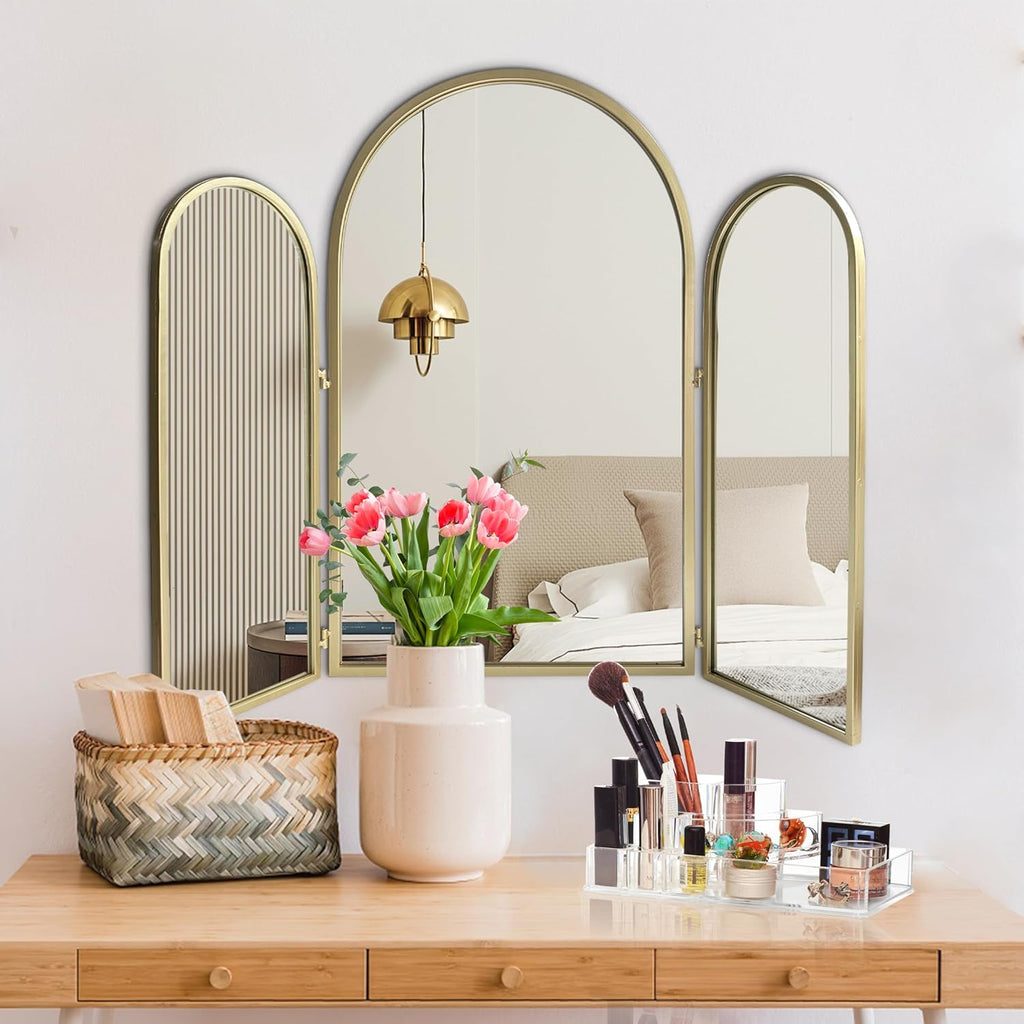 Trifold Vanity Mirrors 3 Way, 30 x 37in Adjustable Vanity Mirrors , Champaign Golden Arch Mirrors Wall Mounted