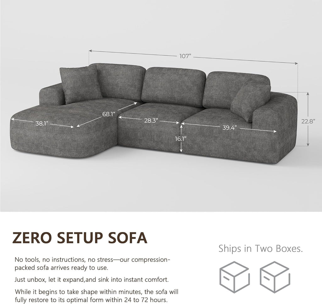 107'' Modular Sectional Sofa Couch with Chaise, No Assembly Required, Modern Bouclé-Inspired Upholstery, Convertible