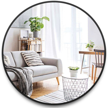 Round Metal Wall Mirror, 36 Inch, Black Frame Bathroom Mirror