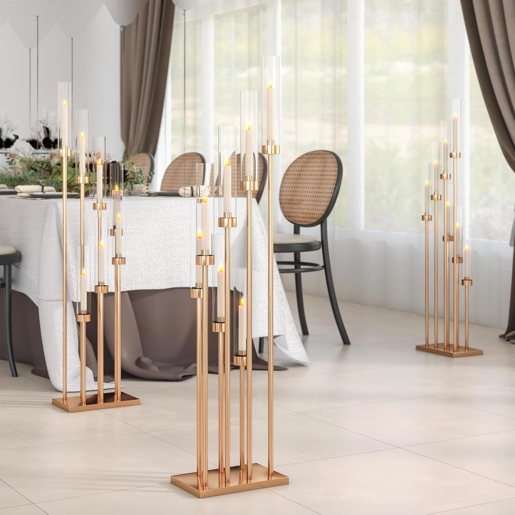4 Pcs 46.5" Floor Candelabra 7 Arms - Gold Metal Candle Holder Stand with Acrylic Lampshades, Long Candle Sticks