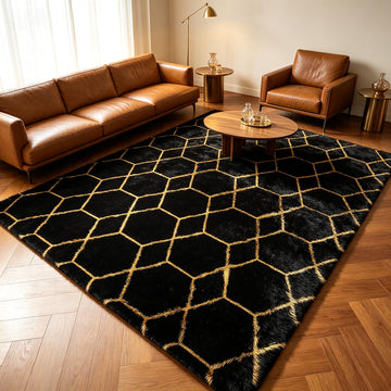Area Rugs, 5x8 Fluffy Black and Gold Bedroom Geometric Rug