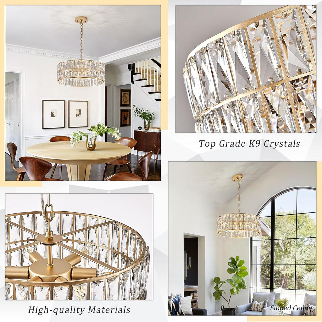 Modern Crystal Chandelier for Dining Room Gold Semi Flush Mount Ceiling Light Fixtures 18" Large Round Crystal
