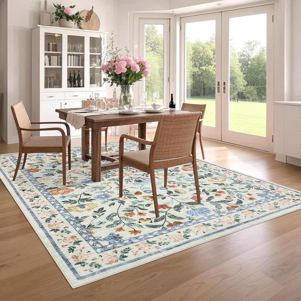 Washable Area Rug 9 x 12, Non-Slip Soft Vintage Rug, Low Pile Farmhouse Floral Carpet, Non-Shedding Indoor Foldable
