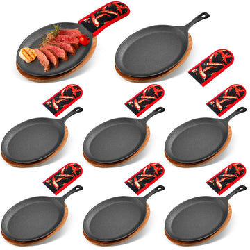 8 Sets Cast Iron Fajita Skillet, Wooden Tray, Protective Mitt