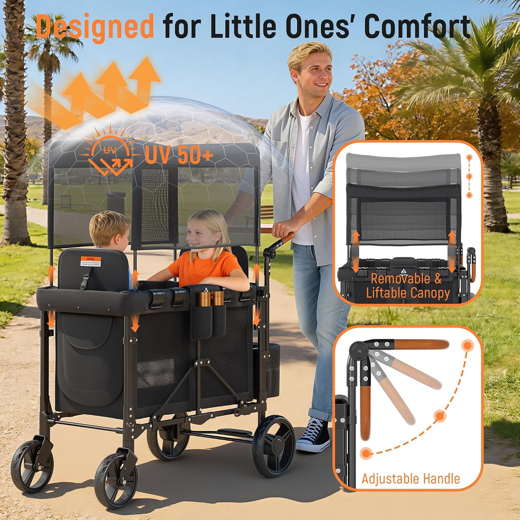 Wagon Stroller for 2 Kids with Canopy & Removable Seat Pads
