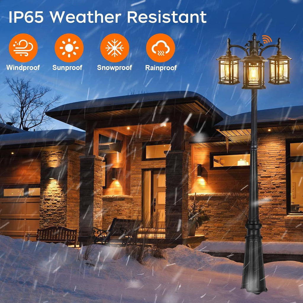 Dusk to Dawn Outdoor Lamp Post Lights, Black Light Pole with Clear Glass Panels (3 LED Bulbs Included)