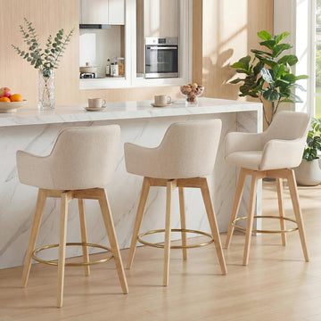 Modern 26" Counter Height Bar Stools Set of 3, Swivel Kitchen Island Tall Chairs with Back, Arm, Footrest and Solid