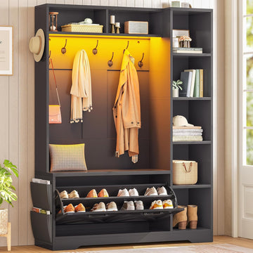 Hall Tree with Bench and Shoe Storage, Farmhouse Entryway Bench with Coat Rack, Shoe Cabinet with Flip Drawers, 7