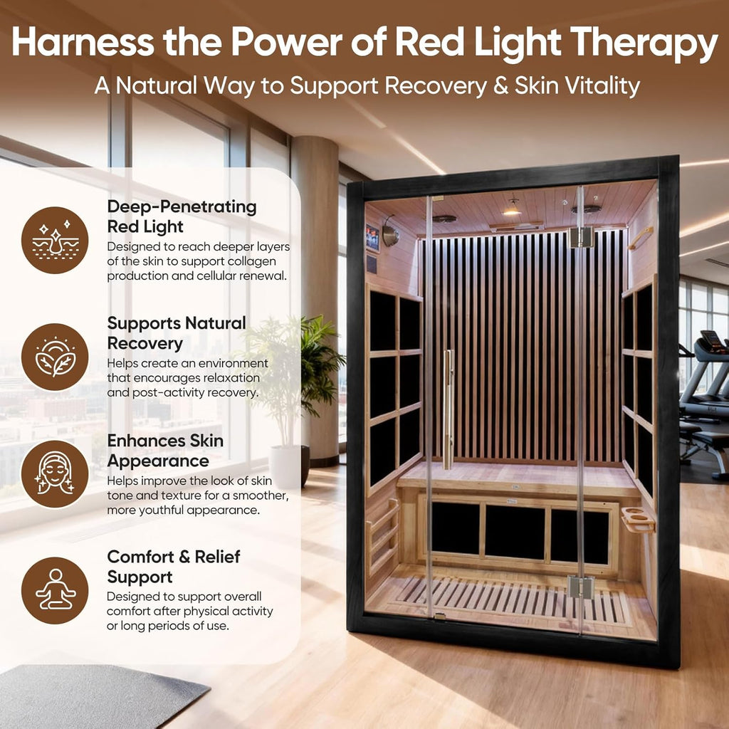 Vyre Sauna for 2 Person, Black - Low EMF FAR Infrared Home Sauna with 6 Carbon Heaters, Red Light Therapy and FM Audio