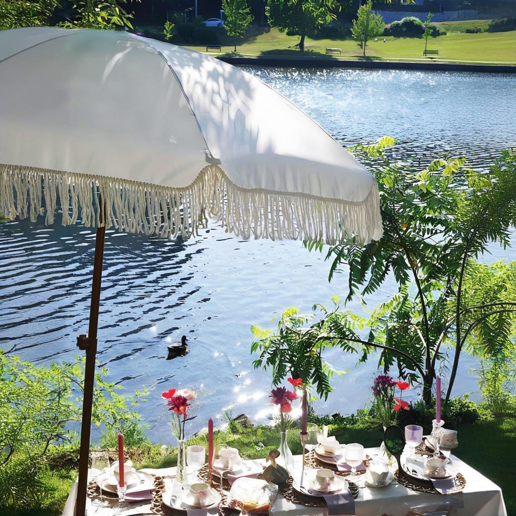 7ft Patio Umbrella with Fringe Outdoor Tassel Umbrella UPF50+ Premium Steel Pole and Ribs Push Button Tilt, Cream White