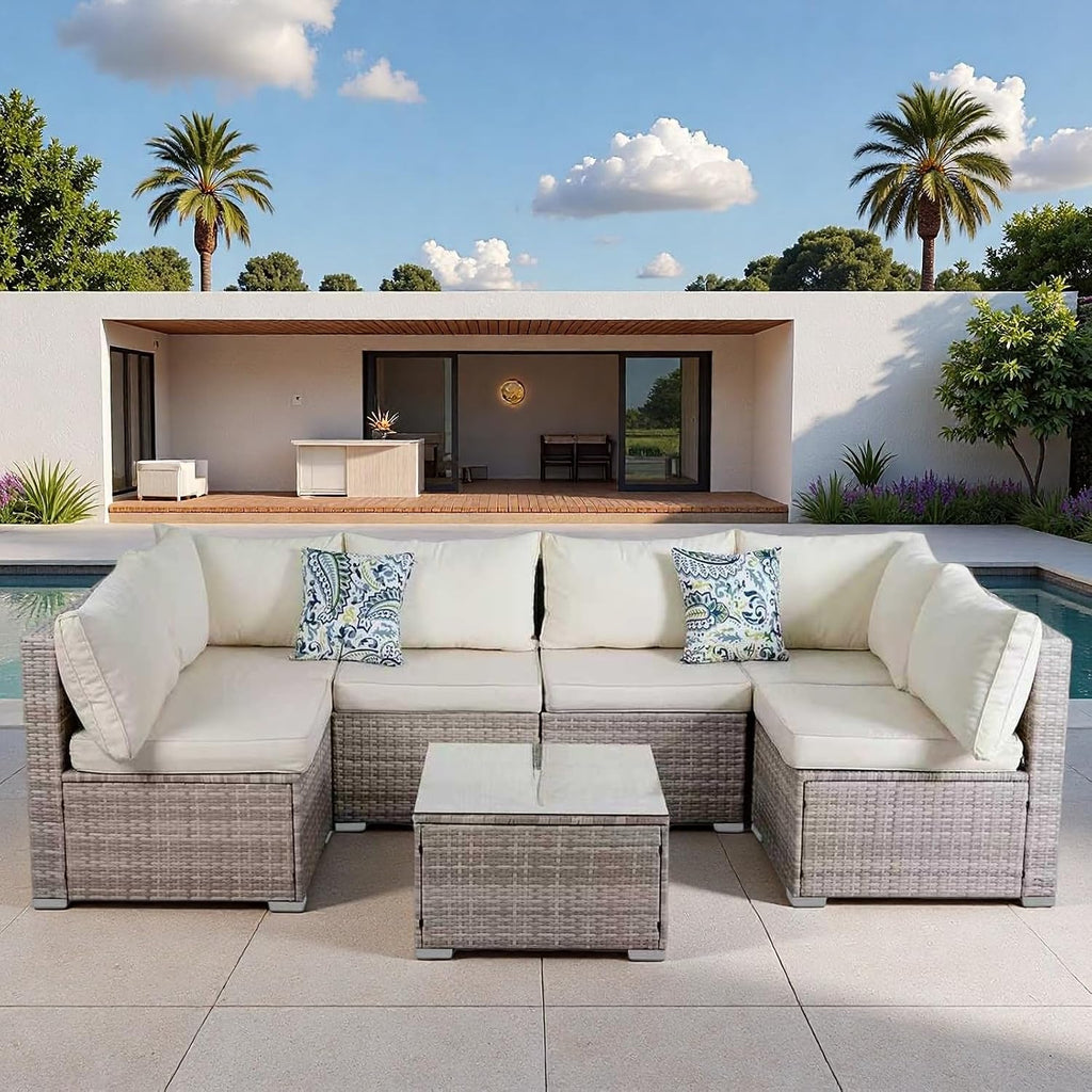 7 Piece Patio Furniture Sets, Rattan Conversation Sectional Set with Glass Table Outdoor Patio Sofa with Thick