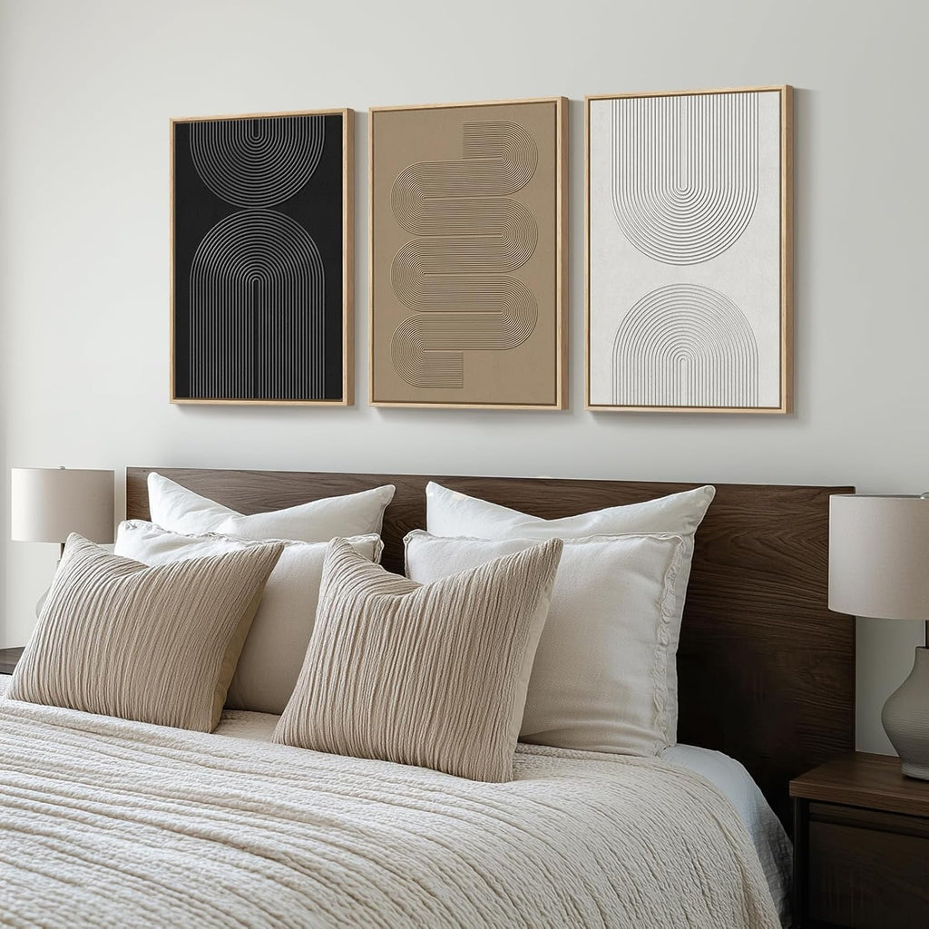 Large Framed Boho Black White Abstract Wall Art, 24x36 In - Set of 3