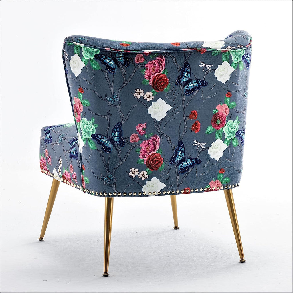 Thia Armless Accent Chair , Elegant Seat with Nailhead Trim, Gold Metal Legs and Comfortable Curved Back, 28" D x 25"