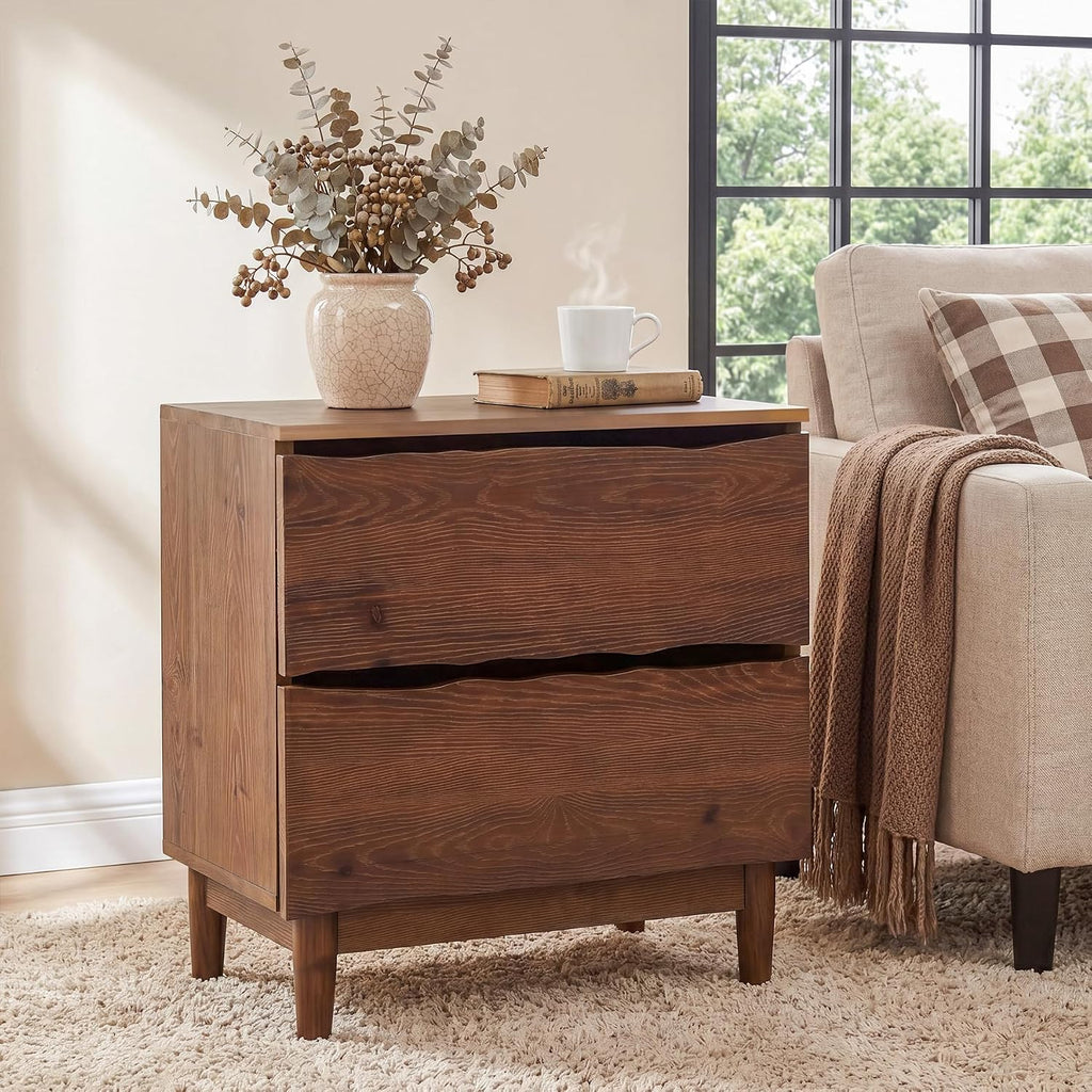 Solid Wood Nightstand with 2 Drawers, 24" Wide End Table | Tall Wooden Mid-Century Modern Night Stand, Farmhouse