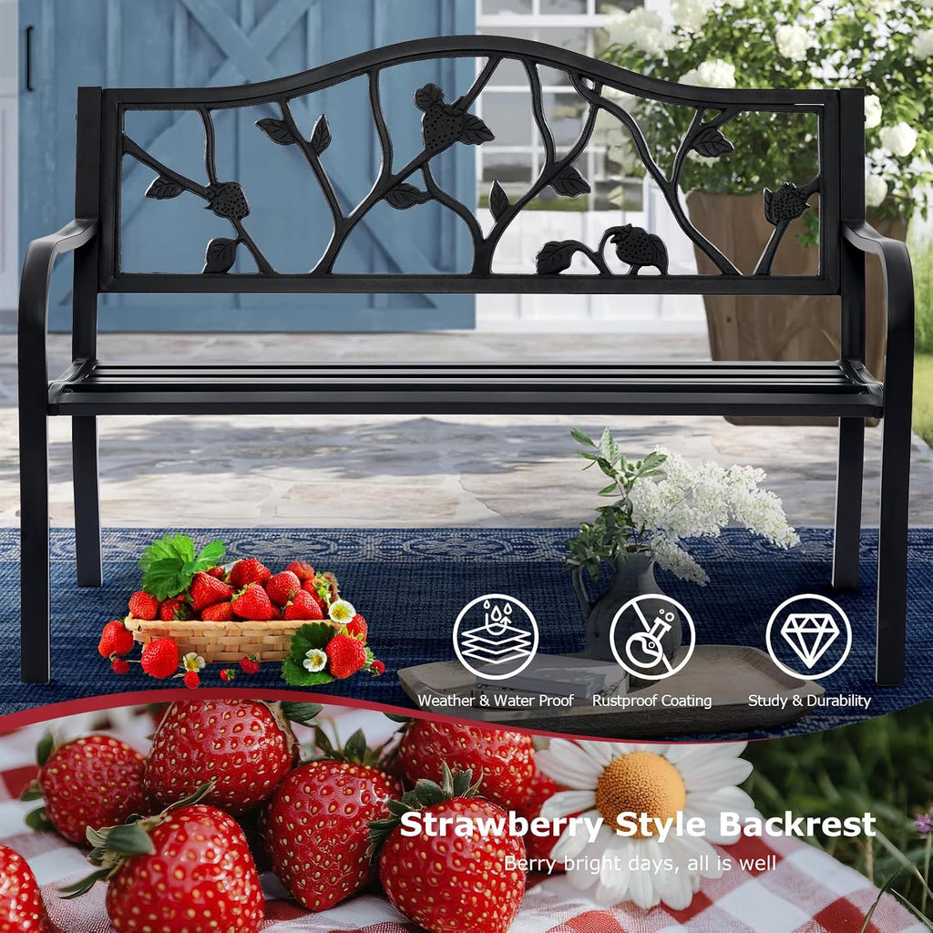 50" Strawberry Outdoor Garden Bench, Weatherproof Sturdy Cast Iron Metal Frame Patio Park Bench for Porch Yard Lawn