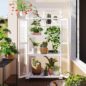 62" H Indoor Wood Greenhouse, Balcony Large Cold Frame with Wheels and Adjustable Shelves Indoor Use, White