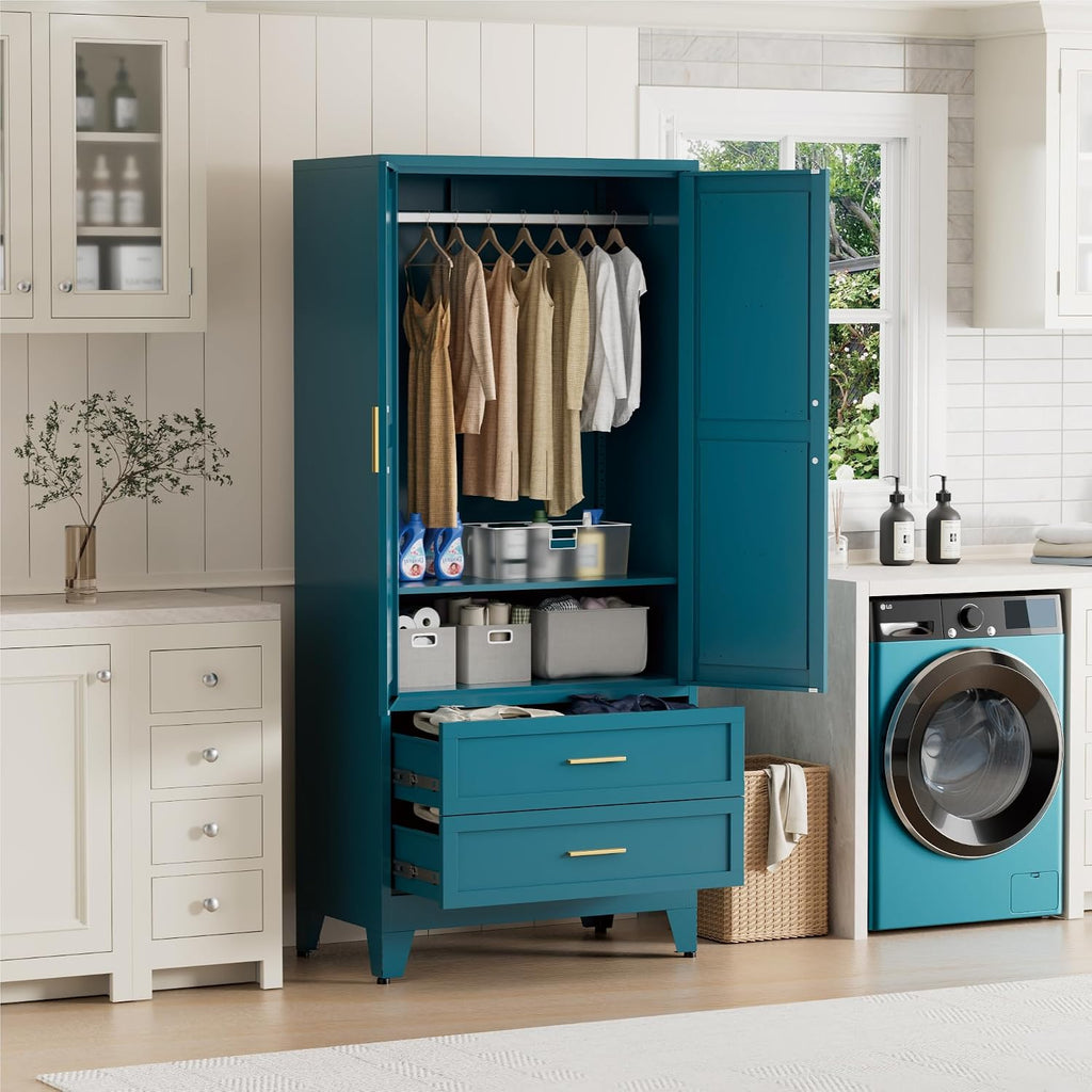 Blue Metal Wardrobe Closet, Armoire Wardrobe with Two Drawers Clothes Cabinet , 71" Tall Farmhouse Steel Armoire