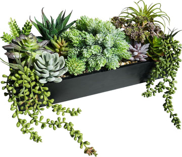 15" Artificial Succulents Arrangement Faux Succulents in Rectangular Black Wooden Planter Box Faux Potted Succulents