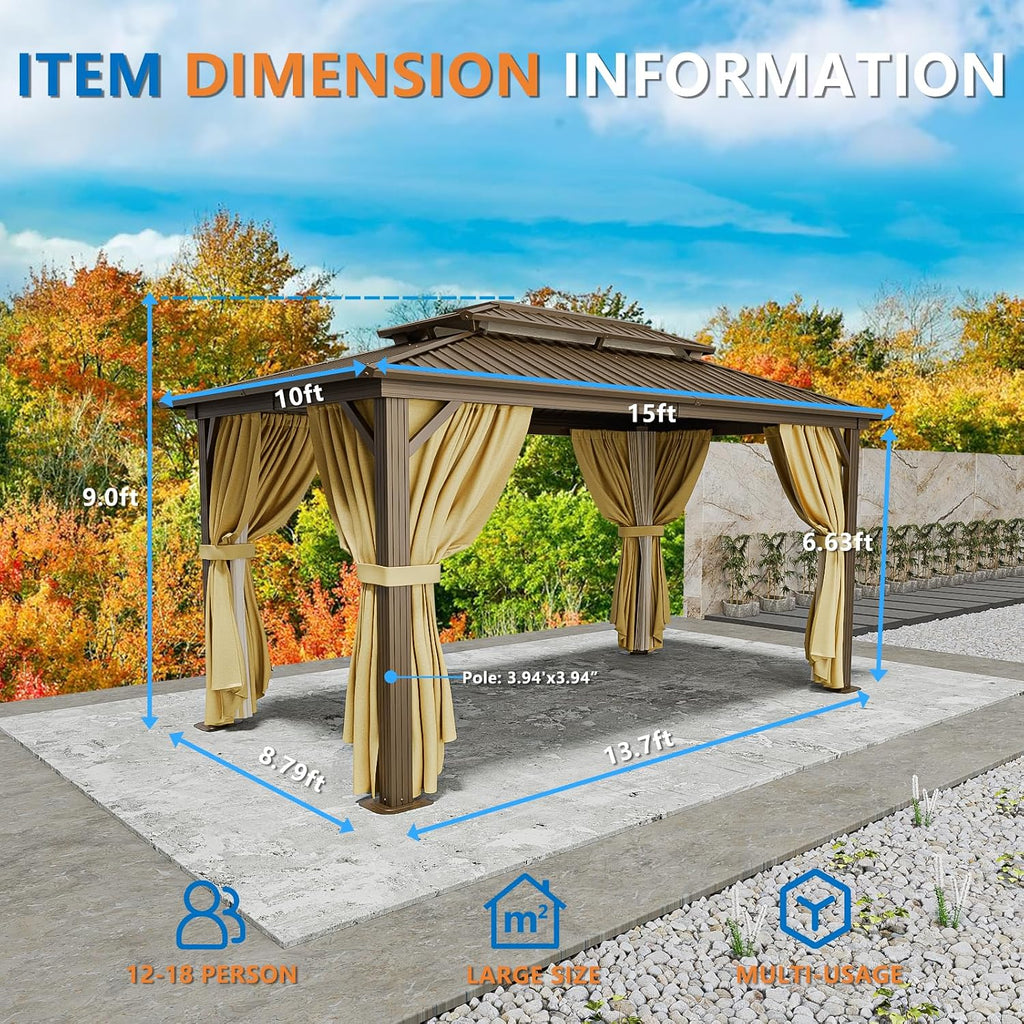 10x15 Hardtop Gazebo On Clearance with Heavy Duty Galvanized Steel Metal Roof - Brown