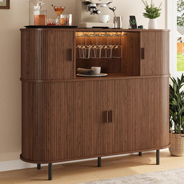 55" Fluted Wine Bar Cabinet with Power Outlet Walnut | Large Coffee Bar, Liquor Whiskey Cabinet, Home Bar, with LED