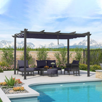 10' x 13' Aluminum Outdoor Pergola Wind-Resistant Retractable Pergola with Double Sun Shade Canopy Heavy-Duty Metal