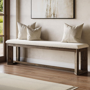 63" Upholstered Bench, Solid Wood Entryway Shoe Bench with Cushion, Long Modern Farmhouse End of Bed Bench with