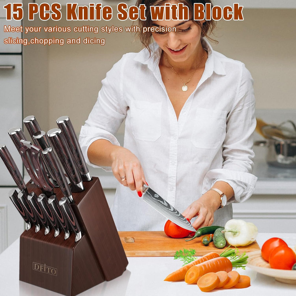 Kitchen Knife Set, 15 Pieces Knife Set with Block and Sharpener | High Carbon Stainless Steel Chef Knives Sets with
