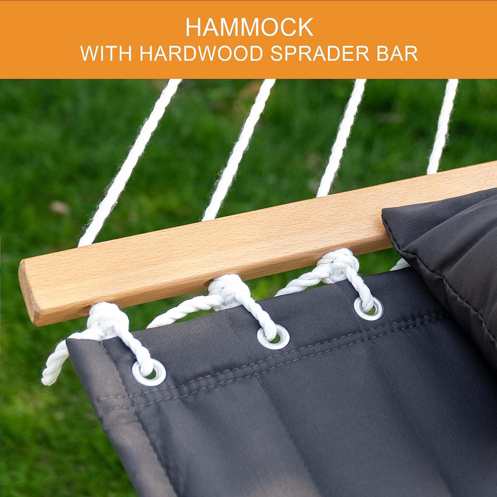 12 FT Double Quilted Fabric Hammock and 13 FT Brown Wood Arc Stand, with Spreader Bar, Removable Pillow, 2 Person