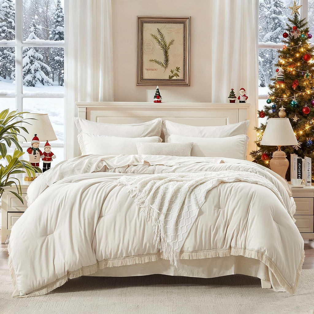 Queen Comforter Set, 7 Pieces Beige Bedding - Set of 7