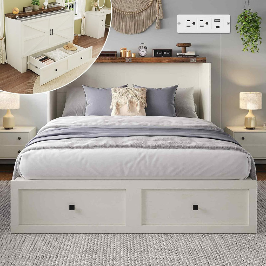 Farmhouse Queen Murphy Bed with Charging Station & Easy Fold-Down - 900lbs Capacity Heavy Duty Murphy Bed Cabinet