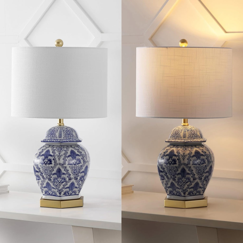 25" Blue/White Classic Traditional Ginger Jar Ceramic LED Table Lamp, Chinoiserie Table Lamp Bedroom, Gold Base