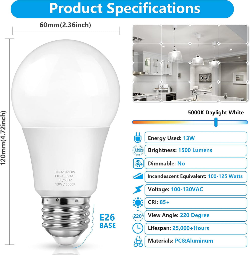 A19 LED Light Bulbs, 100 Watt Equivalent LED Bulbs, Daylight White 5000K, 1500LM, E26 Base, Non-Dimmable, 13W Bright (4-Pack)