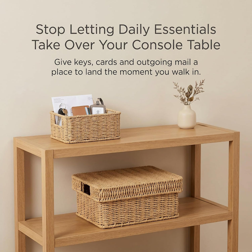 Wicker Storage Basket with Lid for Shelves, Set of 2, Natural | One rectangular wicker basket with lid and one open