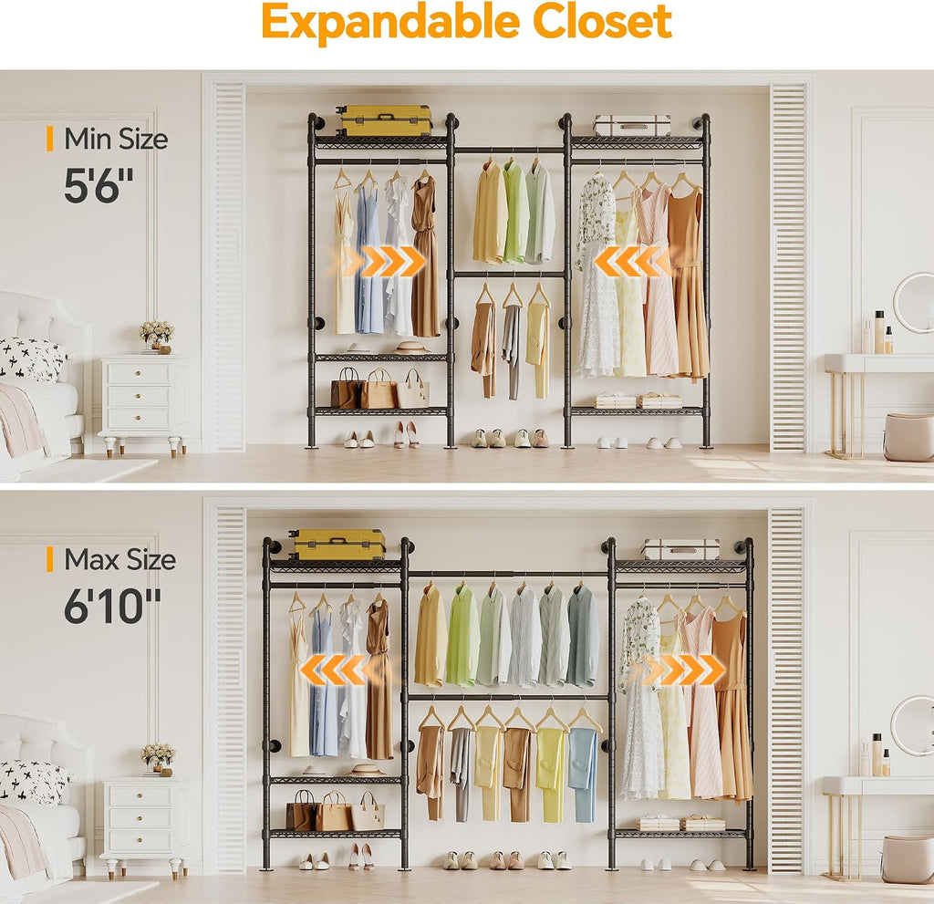 W3 Industrial Pipe Clothing Rack, Wall Mounted Clothes Rack Closet Wardrobe System with Expandable Hanger Rods