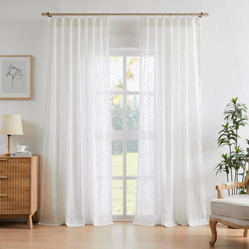 White Embroidered Floral Pinch Pleated Sheer Curtains Leaf Patterned Rustic Light Filtering Window Panels for Living