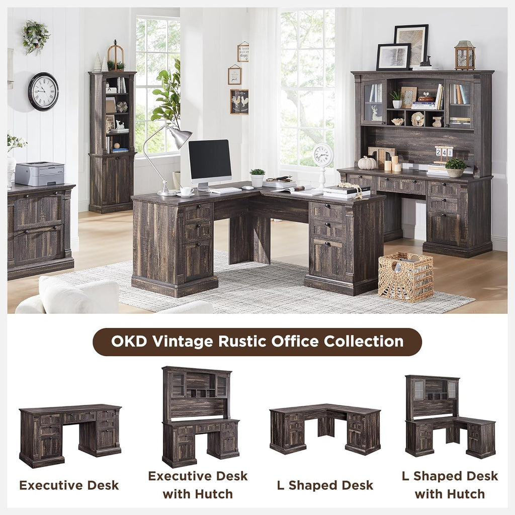 60" L Shaped Executive Desk with Hutch and Drawers, Farmhouse Home Office Desk with Charging Station