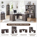 60" L Shaped Executive Desk with Hutch and Drawers, Farmhouse Home Office Desk with Charging Station