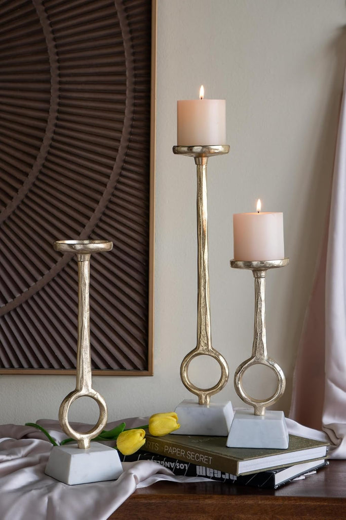 Golden Ring Aluminum and Marble Pillar Candle Holder Set of 3 - Elegant Metallic Decor for Stylish Homes - L:D3.5x17