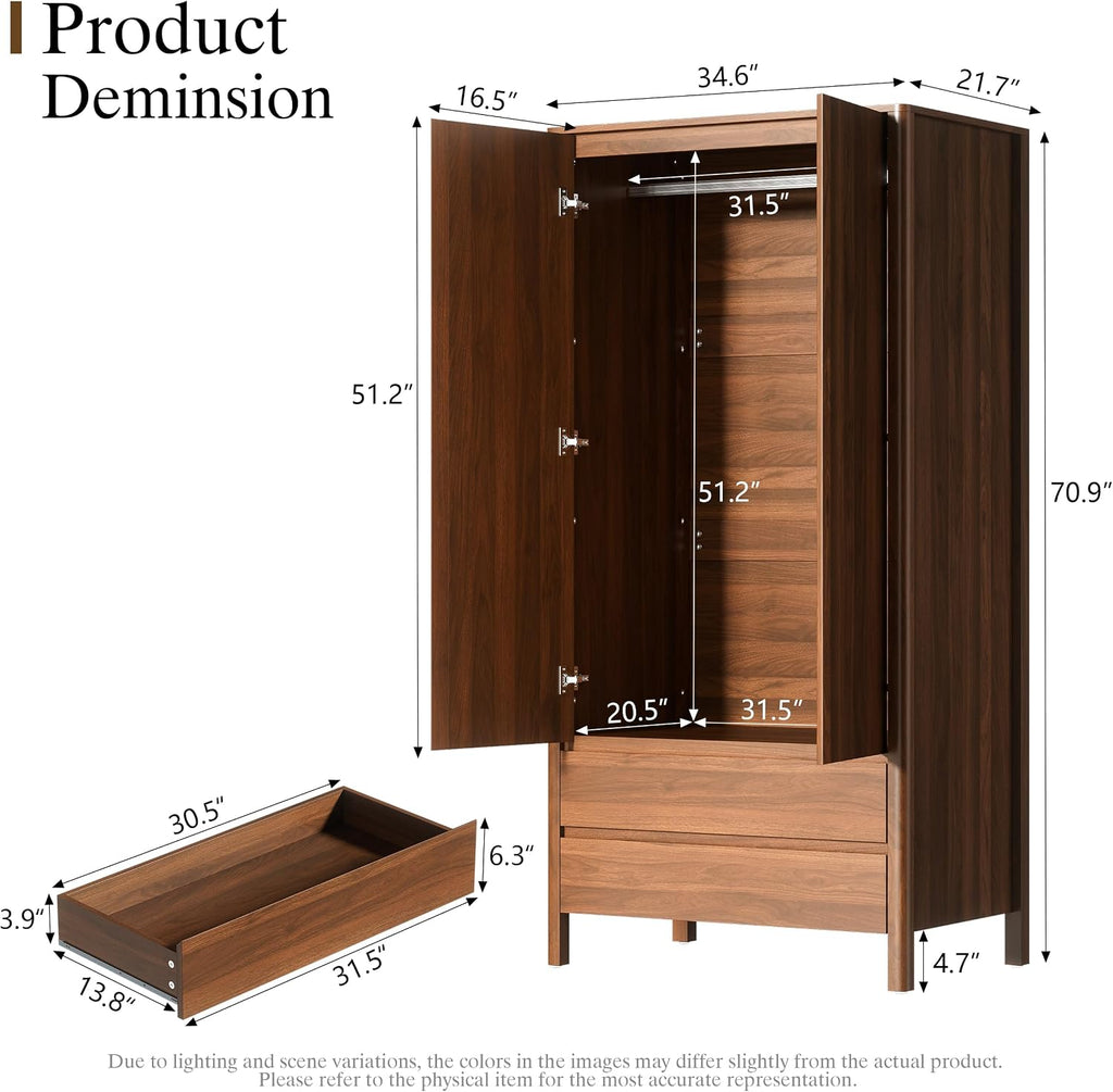 Armoire Wardrobe Closet, 70.9" Tall Wardrobe Cabinet with 2 Doors, 2 Large Drawers and Hanging Rod, Wooden Clothing