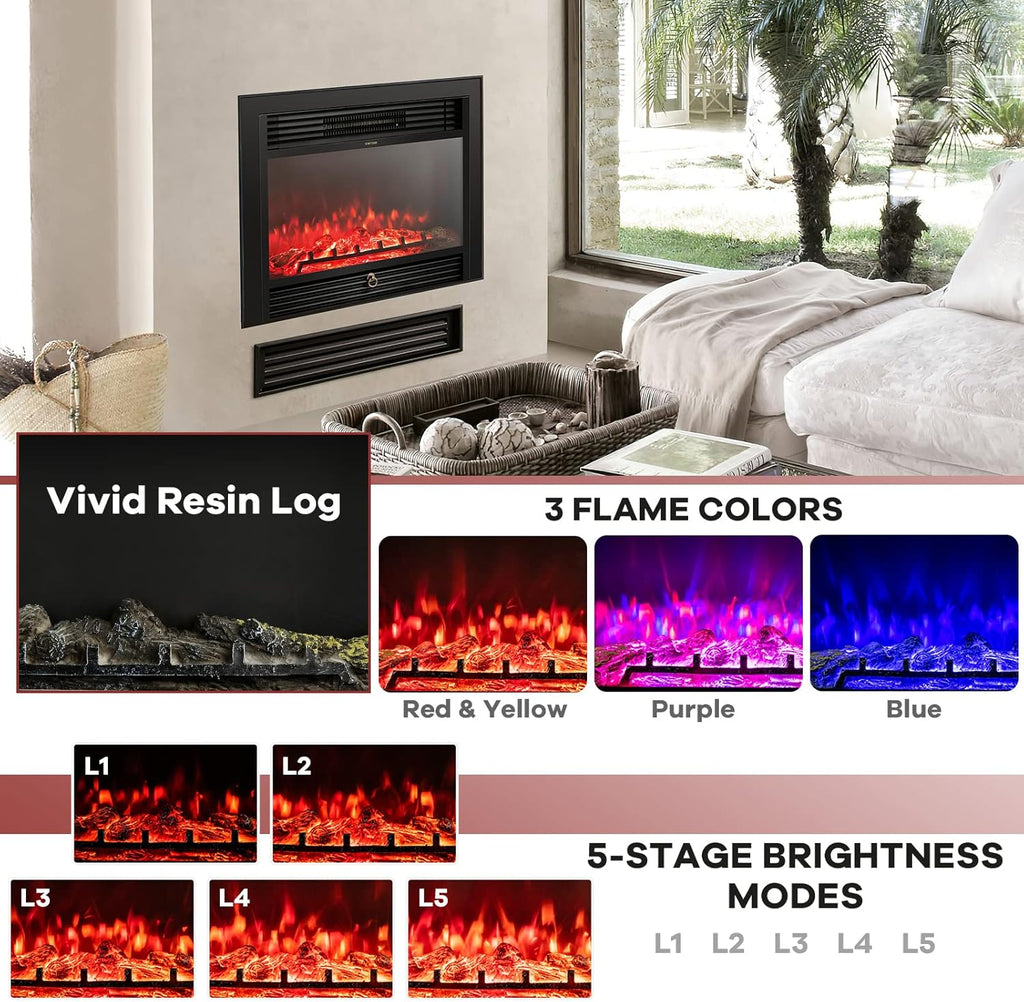 28.5" Electric Fireplace Insert, Wall Recessed/Mounted, Freestanding Fireplace with Remote Control
