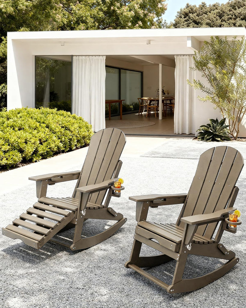Folding Adirondack Rocking Chair with Retractable Ottoman, Brown | Folding Rocking Chair with Two Cup Holders ,High