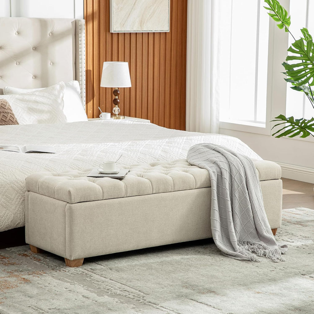 60.2" Storage Bench, End of Bed Storage Benches, Chenille Fabric Upholstered Ottoman Bench with Safety Hinge Entryway