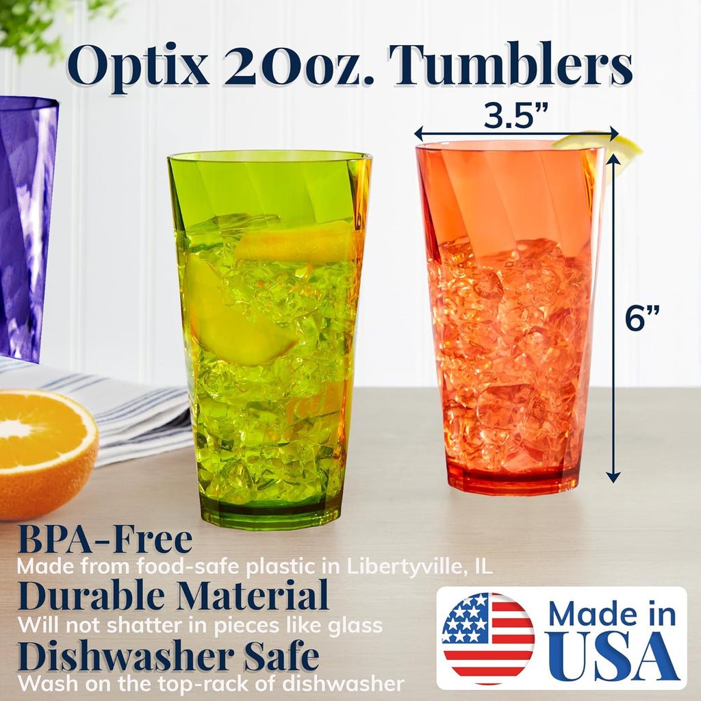 Optix Plastic Reusable Drinking Glasses (Set of 8) 20oz Water Cups in Jewel Tone Colors | BPA-Free Tumblers, Made in