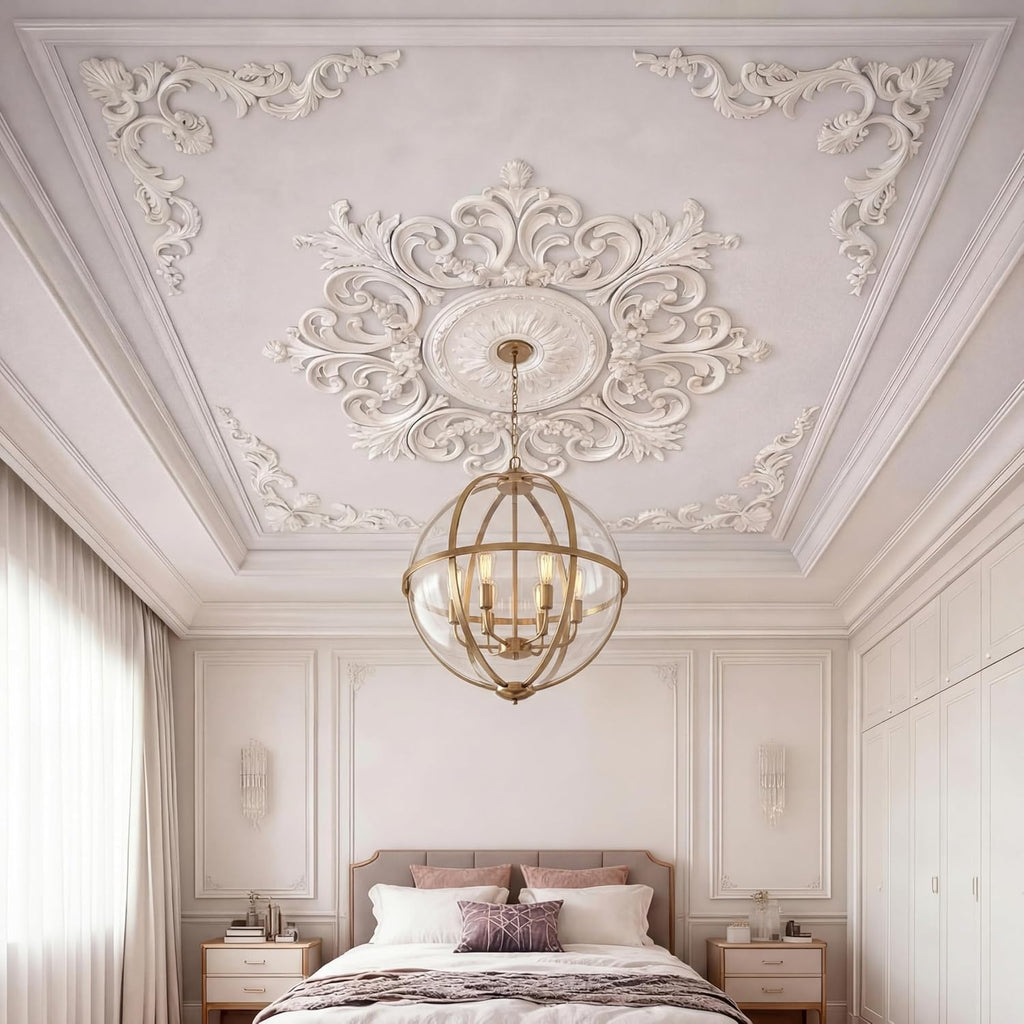 9 Pcs 2.36'' ID Ceiling Molding Set Large 28 Inch PU Ceiling Medallion Combination Decorative with 4 Pcs Corner French
